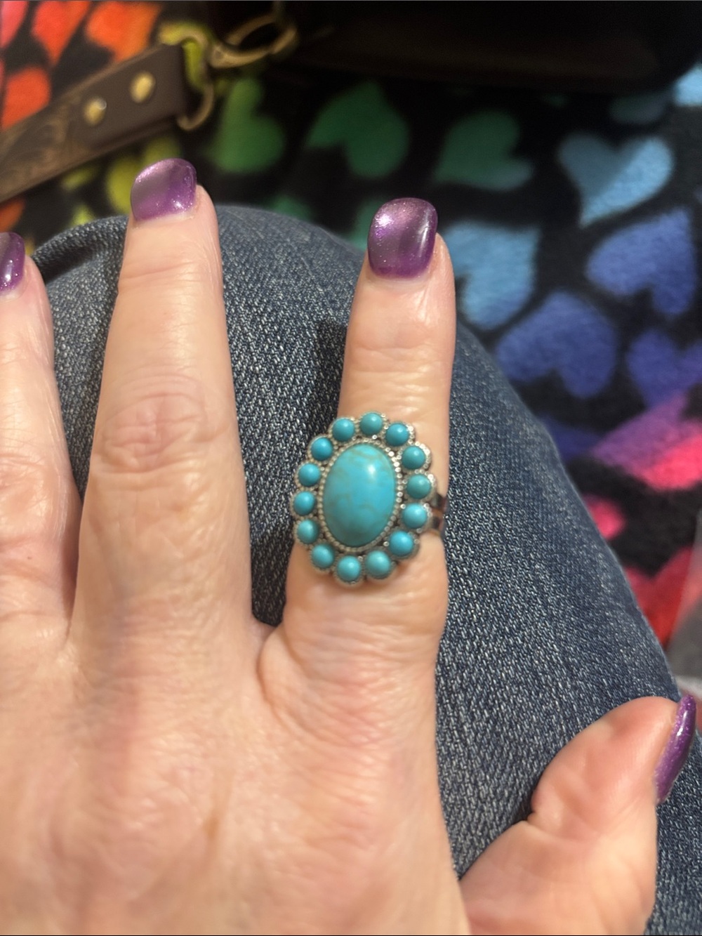 Sterling Silver Turquoise Cluster Ring - Blue Oval Stone